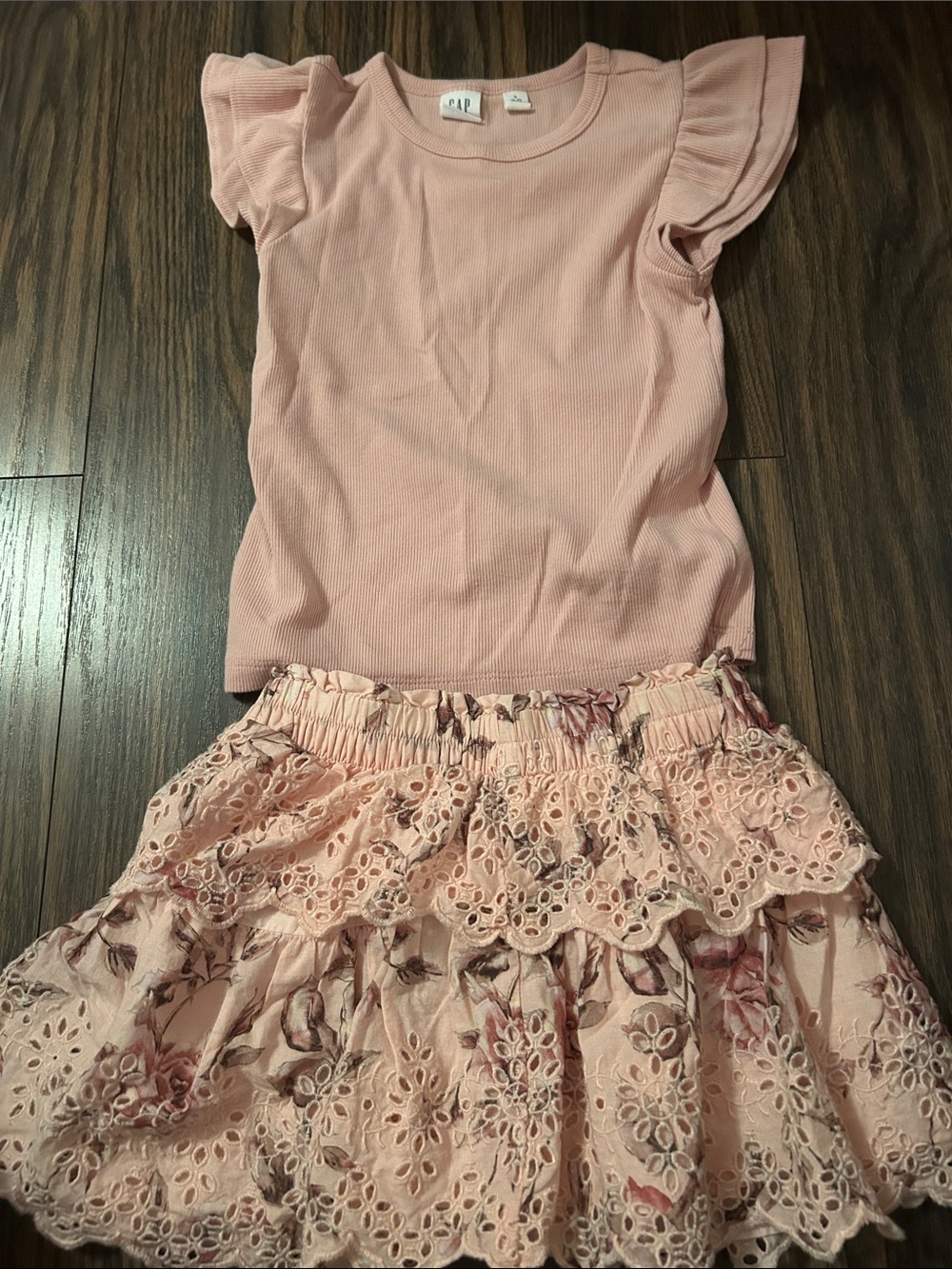 Pink Ruffle Sleeve Top with Pink Floral Eyelet Skirt Set